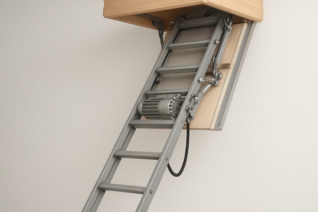 A close-up view of an electric loft ladder partially extended from the ceiling, showcasing its mechanical components.