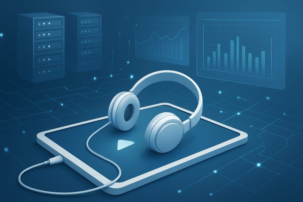 A digital illustration of headphones on a tablet with server graphics in the background