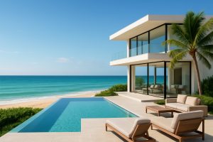 Modern beach house with a pool overlooking the ocean