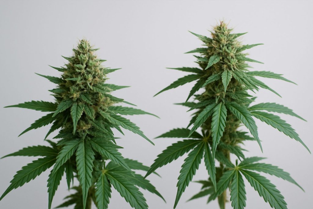 Close-up of two cannabis plants with distinct bud structures and leaf shapes.
